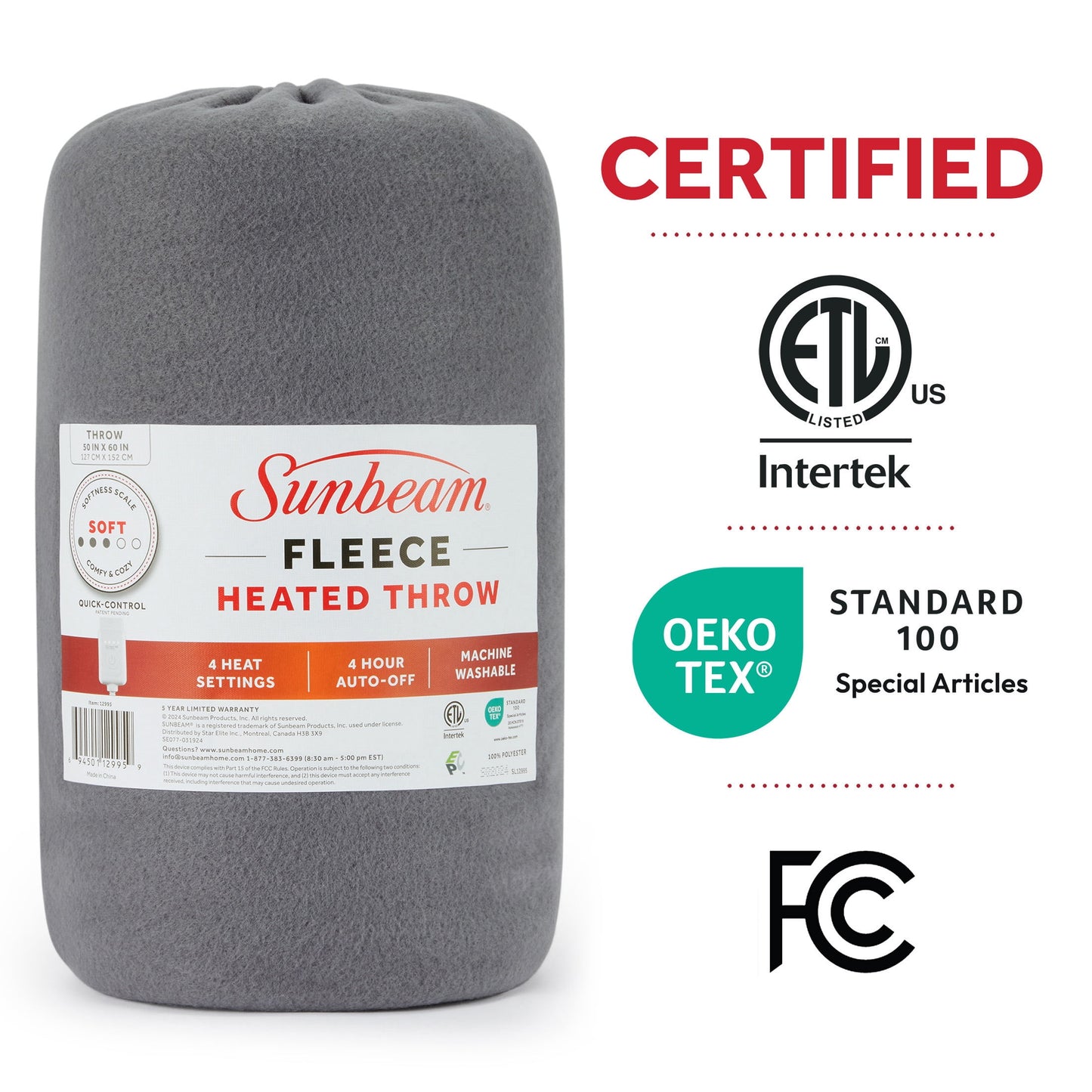 Electric Heated Blanket - Grey Fleece, 4 Heat Settings, 4-Hour Auto Shut-Off, 50” x 60”