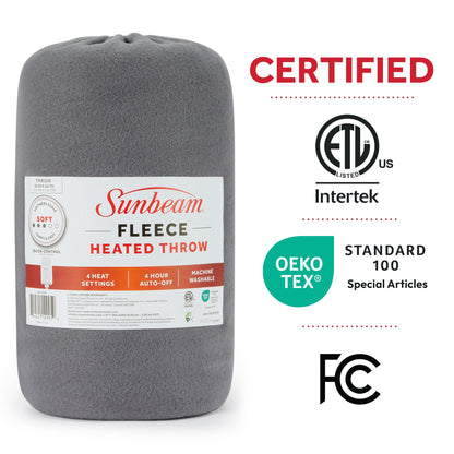 Electric Heated Blanket - Grey Fleece, 4 Heat Settings, 4-Hour Auto Shut-Off, 50” x 60”